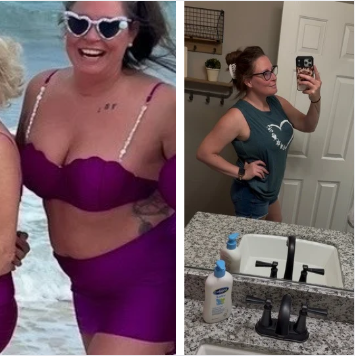 Left: my all-time high at 209 lbs. Right: 4 months later, 4 pant sizes down (size 12 to size 8) after the first reset and continuing the habits.